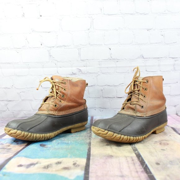 Vintage LL Bean Unlined Brown Leather Lace Up Leather Duck Boots Size 7 - Picture 2 of 9